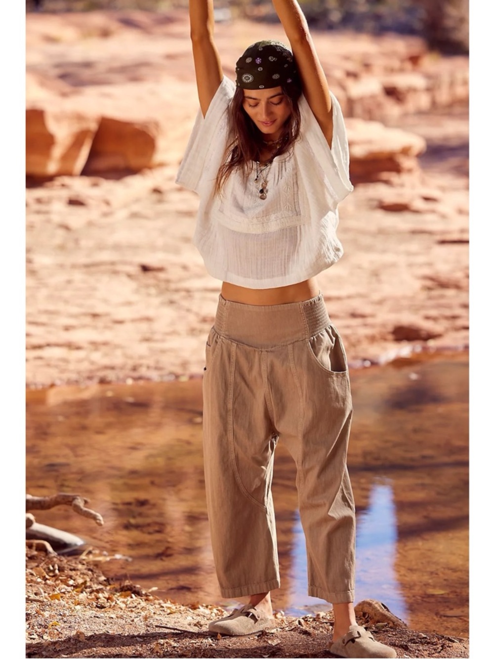 Free People Bohemian Lunan Crop Harem Jeans Savannah Khaki Size XL NWT - Picture 4 of 15